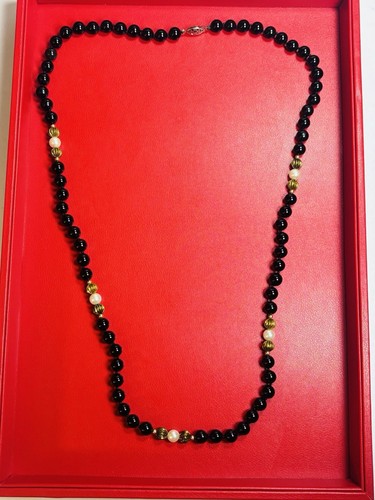 Gorgeous Vintage Deco 14k Gold Spacer & 8mm Black Onyx Bead Necklace 31” Long