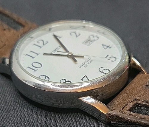 Timex Easy Reader 35mm Indiglo Date Silver Tone Watch Leather Band New Battery - Picture 17 of 24
