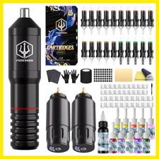 Cordless Rotary Tattoo Machine Kit with 20 Tattoo Cartridge Needles, Ink Set ...