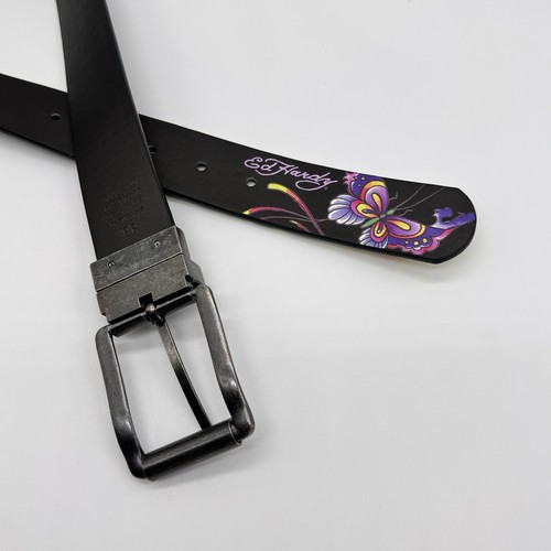 Cinturón reversible Ed Hardy calavera y mariposa cuero negro talla 38 - Imagen 6 de 10