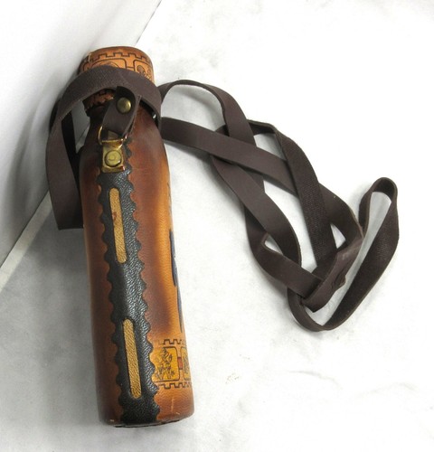 Vintage Puerto Rico Glass & Leather Colored Stamped Embossed Flask w/Strap #589 - Picture 6 of 7
