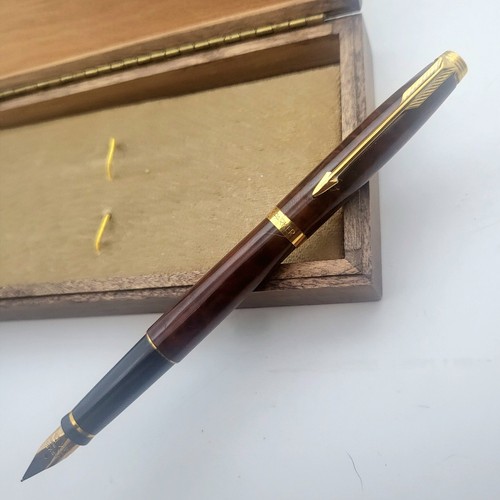 PARKER 75 Set TORTOISESHELL Lacquer-FOUNTAIN PEN-14K Gold NIB+BALLPOINT-70's-BOX - Picture 9 of 11