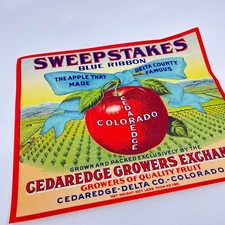 SWEEPSTAKES Cedaredge Delta Colorado Red Original Apple Crate Label FL3