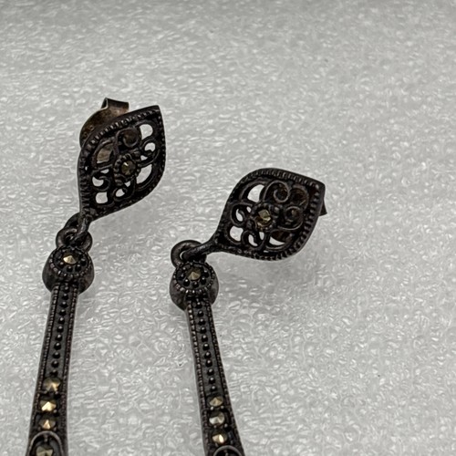 Sterling Silver French Stained Glass Dangle Earrings Hand Painted Marcasite - Picture 5 of 10