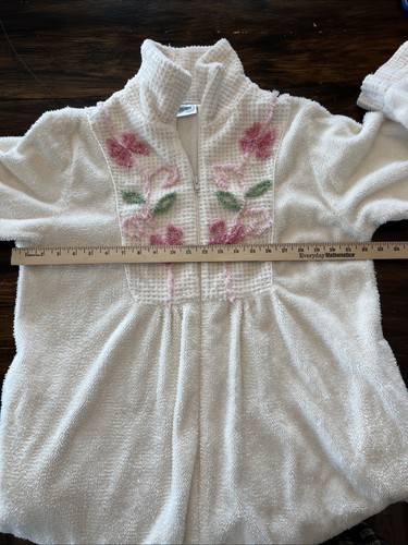 Vintage NATIONAL Chenille Robe Lounge Wear Half Zip Cotton Blend Ivory Floral PL - Picture 6 of 13