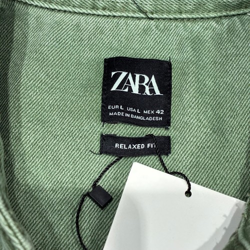Zara Shirt Men's Large Green Distressed Denim Long Sleeve Casual Button Down - Picture 4 of 9