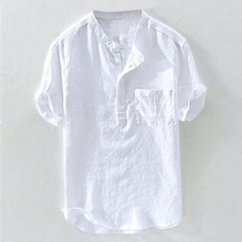 Men's Button Up Cotton Linen Shirt Summer Short Sleeve Casual Loose Top T-Shirt - Picture 9 of 16