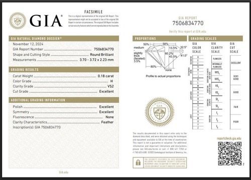 0.18 Ct GIA CERTIFIED Natural Diamond H/VS Clarity Loose Brilliant Round 3 mm - Picture 4 of 5