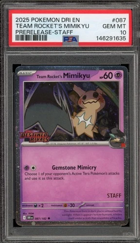 Pokemon Team Rocket's Mimikyu Destined Rivals STAFF Prerelease Promo #087 PSA 10