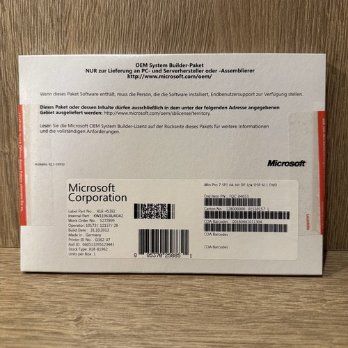 Microsoft Windows 7 Pro SP1 64 Bit DE Lizenz OEM System Builder Paket NEU OVP - Bild 2 von 3