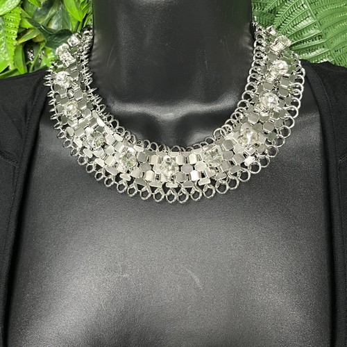 Necklace Women Fashion Silver Tone Choker Stoned Wide Link Statement 2128