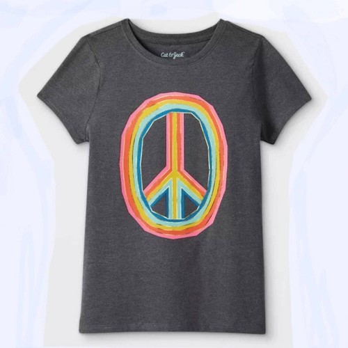 NEW Girls XL 14/16 SHORT SLEEVE TEE SHIRT Rainbow Peace Graphic Cat & Jack NWT - Picture 3 of 3