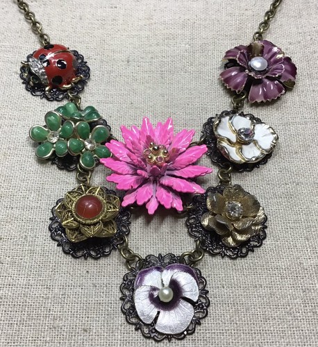 Up Cycled Vintage Flower Necklace- 7 Flowers, 1 Ladybug, Multicolored Flowers - Picture 3 of 5
