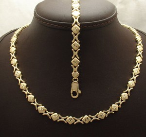 Authentic Diamond Cut Hugs & Kisses Bracelet Necklace Set 14K Yellow Gold Plated Silver