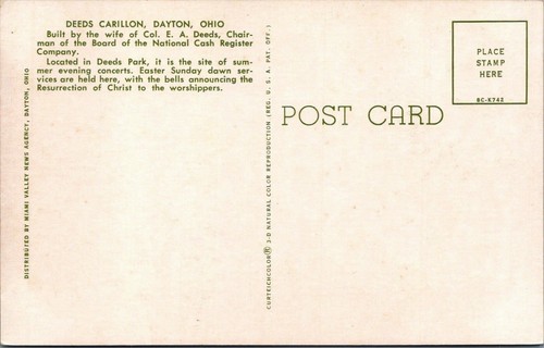 Deeds Carillon Deeds Park Dayton Ohio Postcard Unposted - Picture 2 of 2