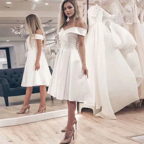 Elegant Short Wedding Dresses Off Shoulder Satin Knee Length Beach Bridal Gowns - Picture 4 of 10