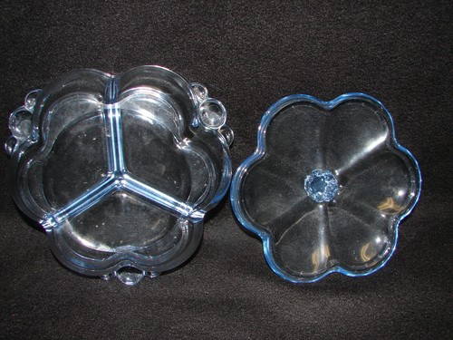 Vintage Duncan Miller Blue Canterbury 3 Section Candy Dish Condiment With Lid - Picture 4 of 7