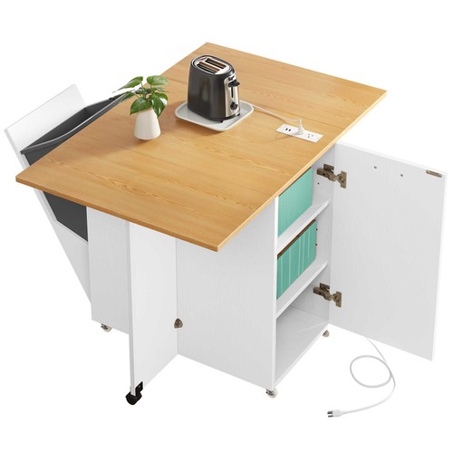 47" Rolling Kitchen Island Wood Drop-Leaf Table Dining Utility Cart Power Outlet - Picture 9 of 12