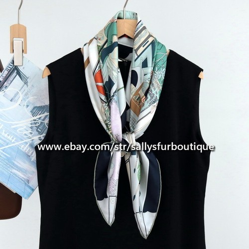 Sallys Boutique 14 Momme Twill Silk Wrap Scarf Suitcase Print Square Shawl 90cm - Afbeelding 10 van 37