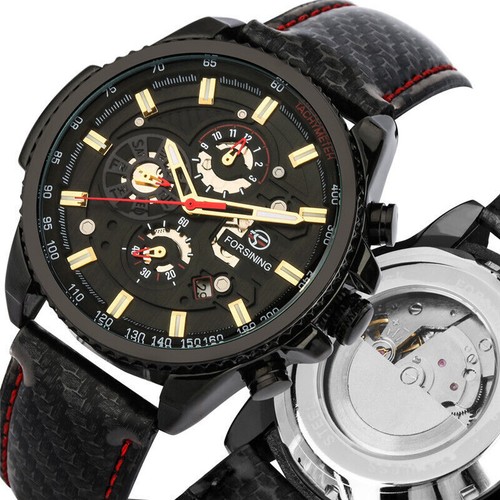 Reloj de pulsera mecánico automático Forsining de lujo para hombre correa de cuero mano luminosa - Imagen 7 de 16