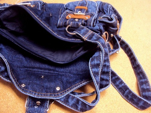 Women Stonewashed Blue Denim Jeans Leather Trim Handbag Shoulder Crossbody Bag - Picture 10 of 11