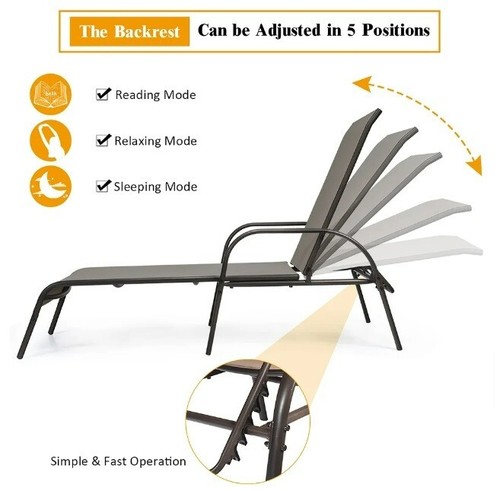 2 Set Lounge Chaise Patio Chair Outdoor Pool Adjustable Beach Sun Reclining Side - Picture 3 of 7