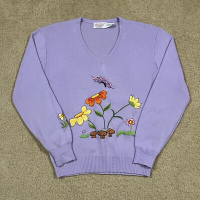 Vintage Lady LaMode Women s Purple Embroidered Floral Sweater V Neck Size Large