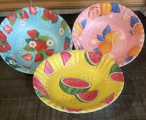 Set Of 6 Melamine Pasta/Salad Bowls Strawberries Watermelon Oranges 9 in - Picture 2 of 6