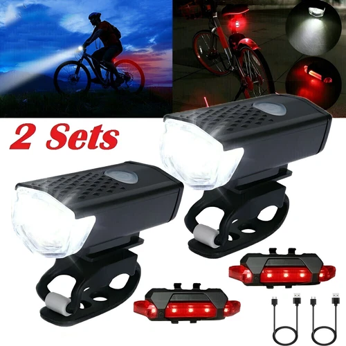 2 Set USB Ricaricabile LED Bicicletta Faro Bici Anteriore Posteriore Luce Ciclismo - Foto 1 di 11