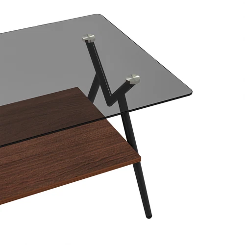 Modern Rectangle Coffee Table Tempered Glass top Brown MDF Shelf Table - Picture 10 of 10