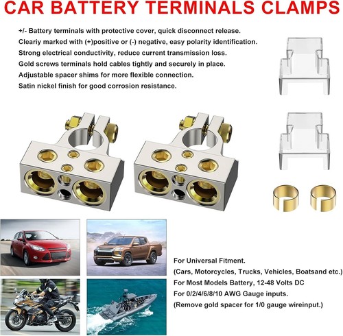 2Set Car Battery Terminals Clamp Post 0/2/4/8 AWG Gauge Positive Negative Ports - Picture 8 of 9