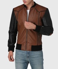 Men's Vintage Brown Varsity Style Bomber Real Lambskin Leather Jacket Handmade