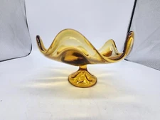 Viking Epic Art Glass 6 Petal Compote Pedestal Candy Dish Bowl Amber 7" MCM  T46