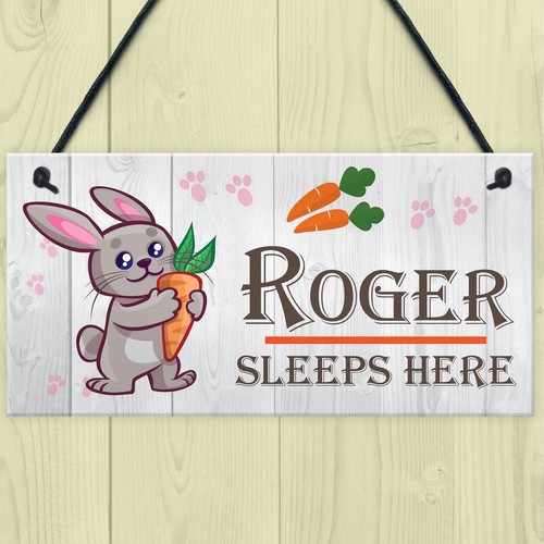 Cute Pet Rabbit Sign ‘Sleeps Here’ - Personalised Hutch Bed Run Cage Wood Effect - Picture 2 of 6