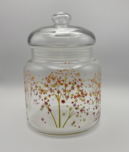 Vintage 70’s Anchor Hocking Glass Jar Canister Orange & Yellow Flowers 5.5" Tall - Picture 4 of 15