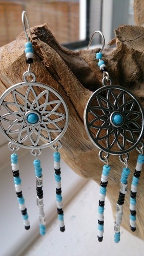 Native American dream catcher earrings BLESSED turquoise beads blue white black - Picture 6 of 10
