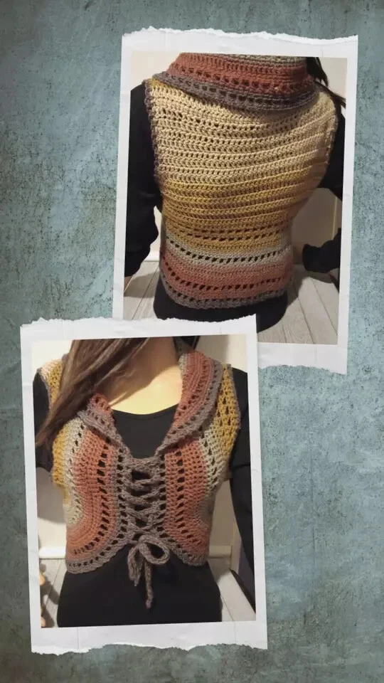 crochet womans handmade boho top vest festival shrug s/medium centaur brown - Image 2 of 3