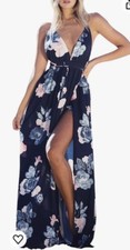 Simplee M Dark Blue Floral Maxi Dress V Neck Sleeveless Strap Tie Split Roses