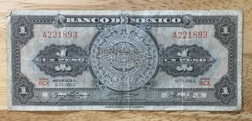 Mexican Banco de Mexico 1965 Un Peso Banknote