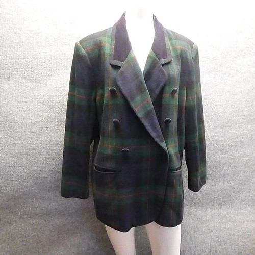 Vintage Maggie McNaughton Blazer Women 18W Blue Green Plaid Double Breast Velvet - Picture 1 of 13