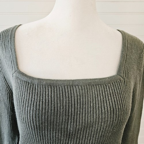 Nine West Size L Olive Green Rib Knit Scoop Neck Long-Sleeved Stretchy Women's - Picture 7 of 16