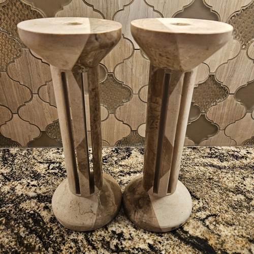 Tessellated Travertine Marble Stone MCM Candlestick Candleholders VERY RARE - Picture 3 of 12