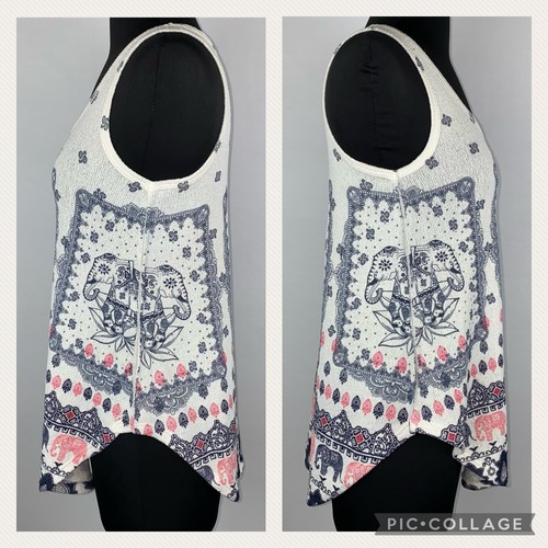 Camiseta sin mangas Scotty S multicolor tejida estampada dobladillos redondeados Boho Festival Hippie JU - Imagen 5 de 12