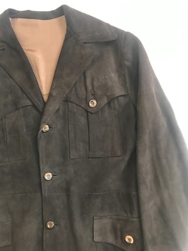 Vintage Brown Leather Mens Suede M Coat HERRERO Y RODERO Madrid Early 70's #3206 - Picture 3 of 13