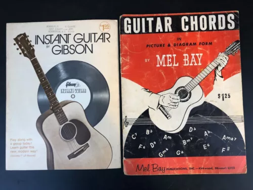 Vintage Gibson Guitar with Vinyl Record & Mel Bay Guitar Chords Music Books