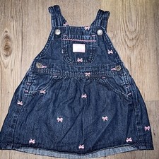 OshKosh B'Gosh Denim Dress Overalls Jumper Pink Embroidered Bows Size 24m Baby