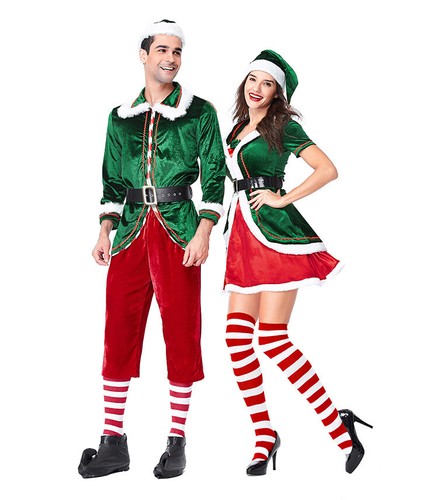 Adult Velvet Couple Christmas Costume Men Xmas Outfit Women Mrs. Santa Elf Dress - Picture 5 of 16