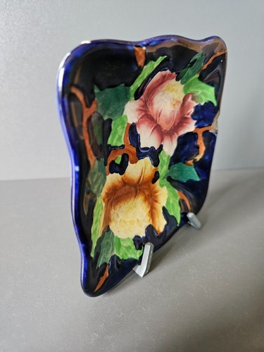Maling ware cobalt blue Vintage 1930s Majolica Peonies design Square Pin Dish - Picture 2 of 14
