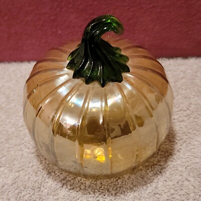 Hand Blown Light Amber Art Glass Pumpkin w/ Green Glass Stem 3.5''  Tall