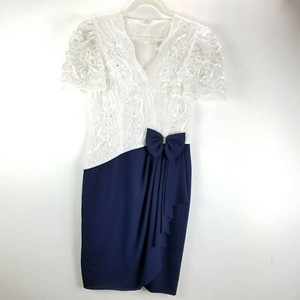 Vintage-80s-Midi-Dress-Prom-Cocktail-Formal-Blue-White-Size-12-Big-Bow-Lace